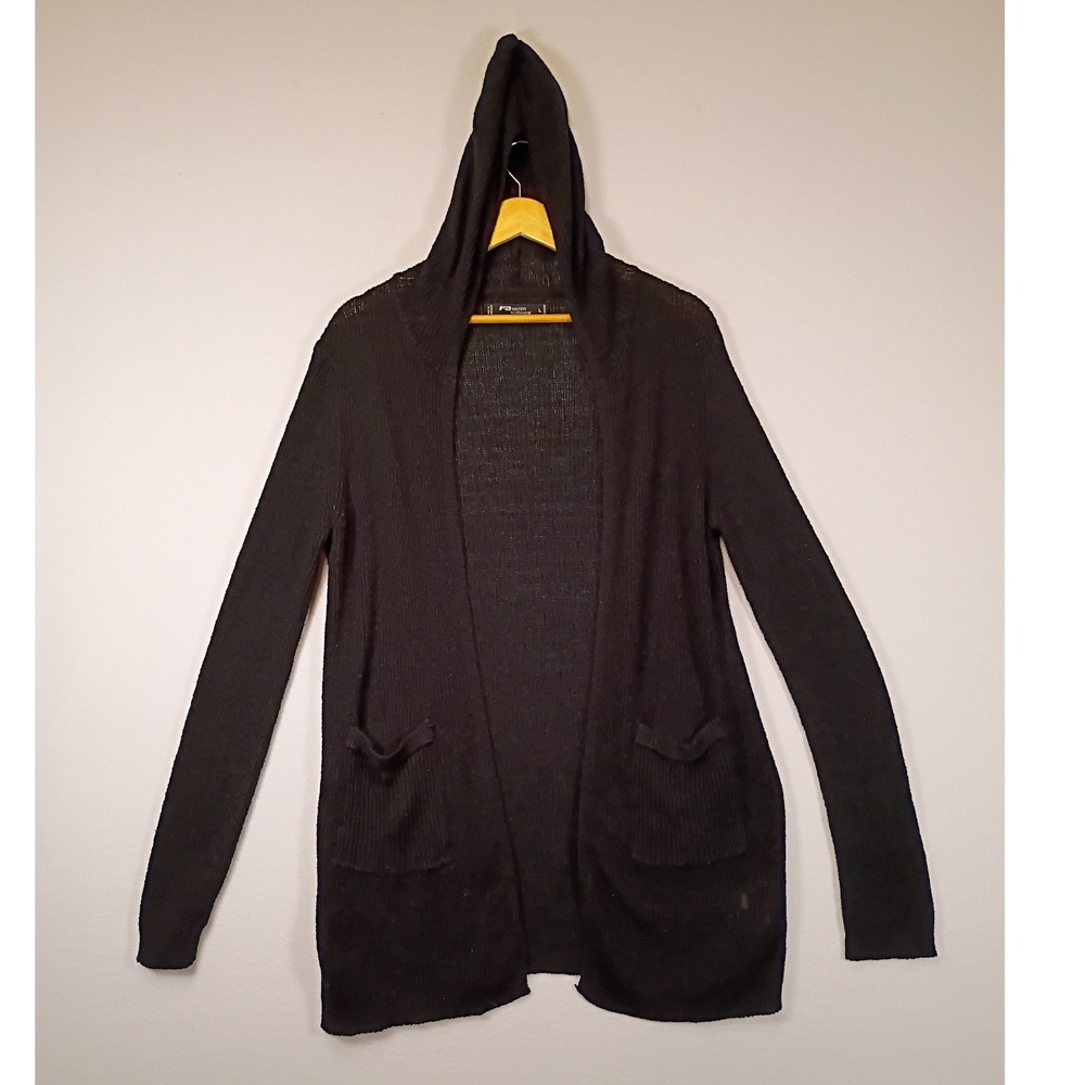 Dark Academia FB Sister Womens L Black Hooded Open Front Knit Cardigan Pockets